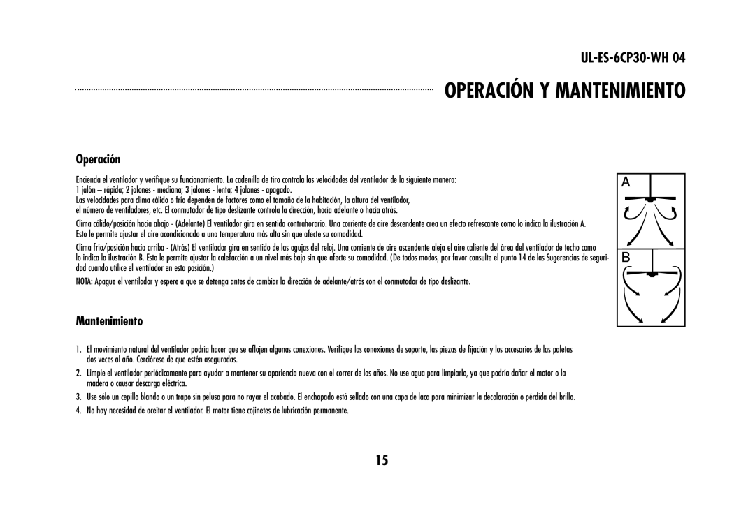 Westinghouse 78603, 78108 owner manual Operación Y Mantenimiento 