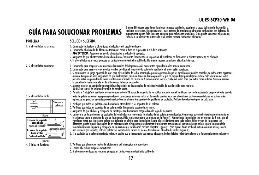 Westinghouse 78603, 78108 owner manual Problema, Solución Sugerida 