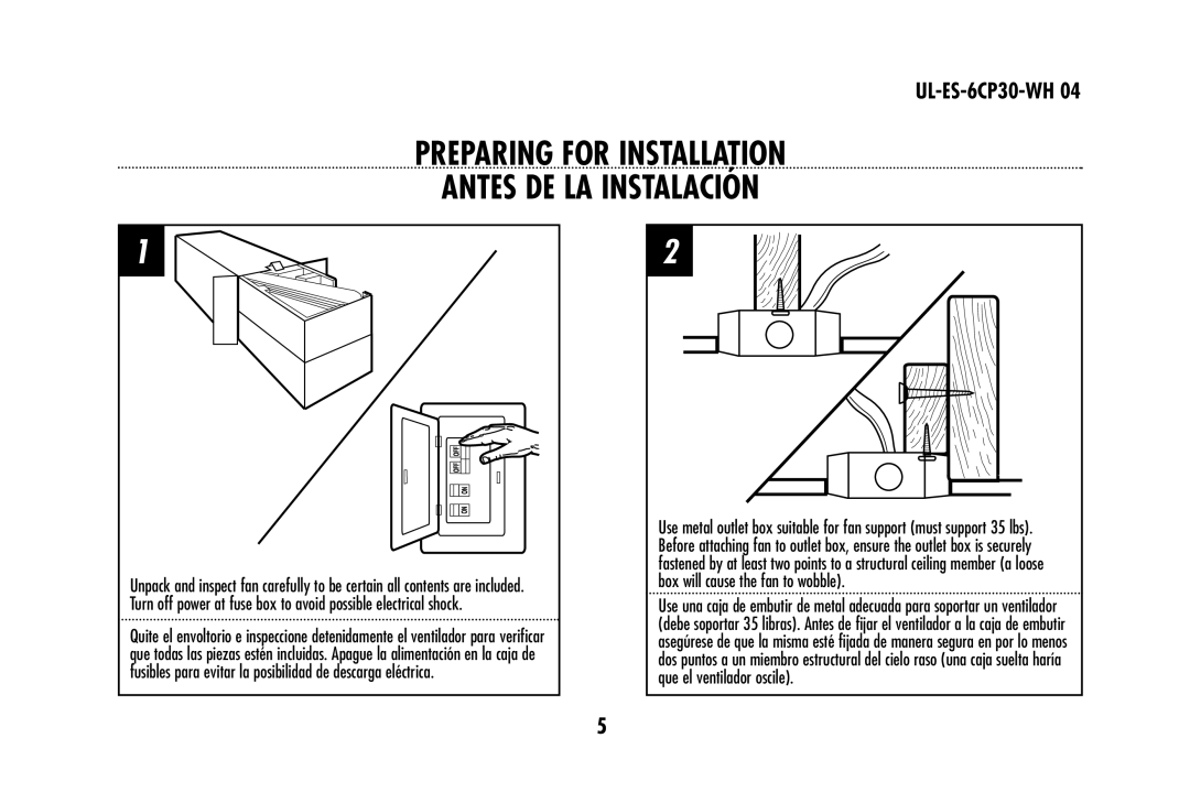 Westinghouse 78603, 78108 owner manual Preparing for Installation Antes DE LA Instalación 