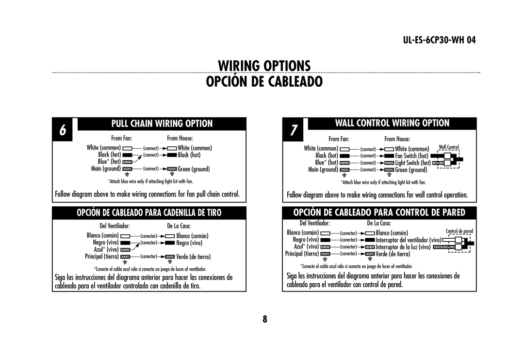 Westinghouse 78108, 78603 owner manual Wiring Options Opción DE Cableado, Wall Control Wiring Option 