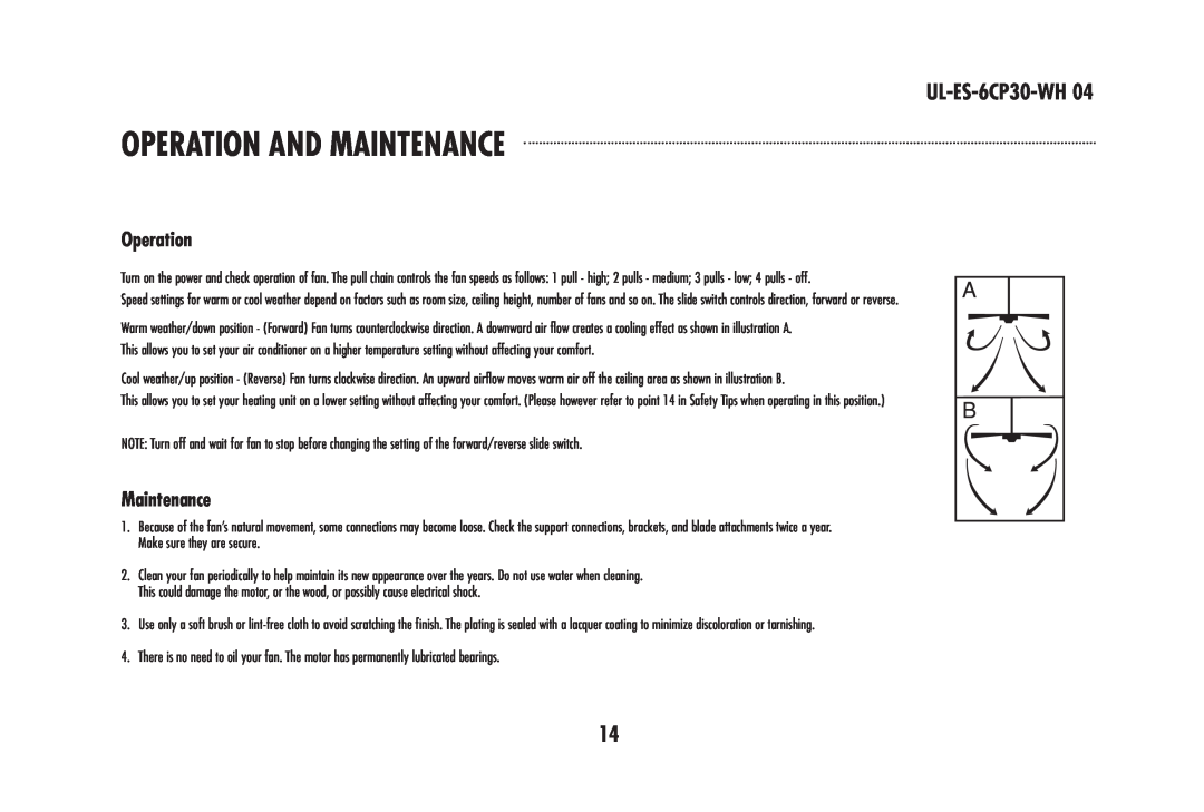Westinghouse 78108, 78603 owner manual Operation And Maintenance, UL-ES-6CP30-WH04 