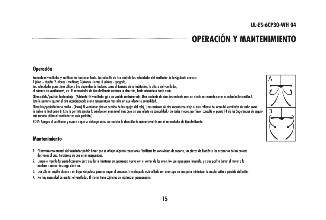 Westinghouse 78603, 78108 owner manual Operación Y Mantenimiento, UL-ES-6CP30-WH04 