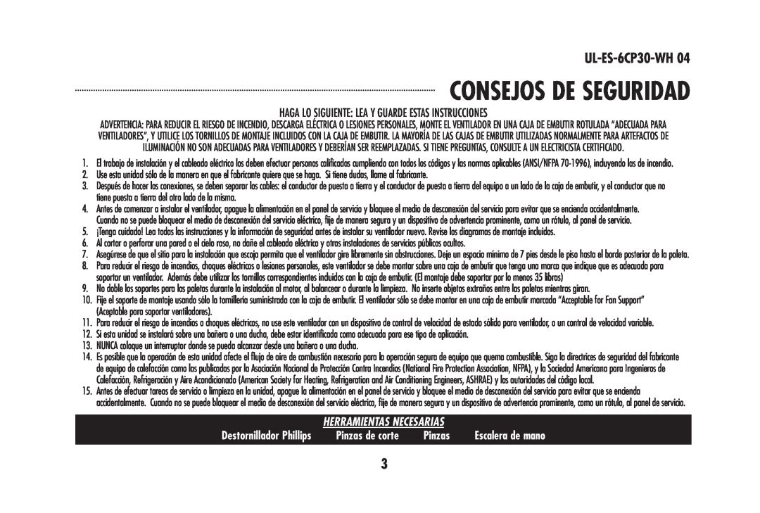 Westinghouse 78603, 78108 owner manual Consejos De Seguridad, Pinzas de corte, UL-ES-6CP30-WH04 