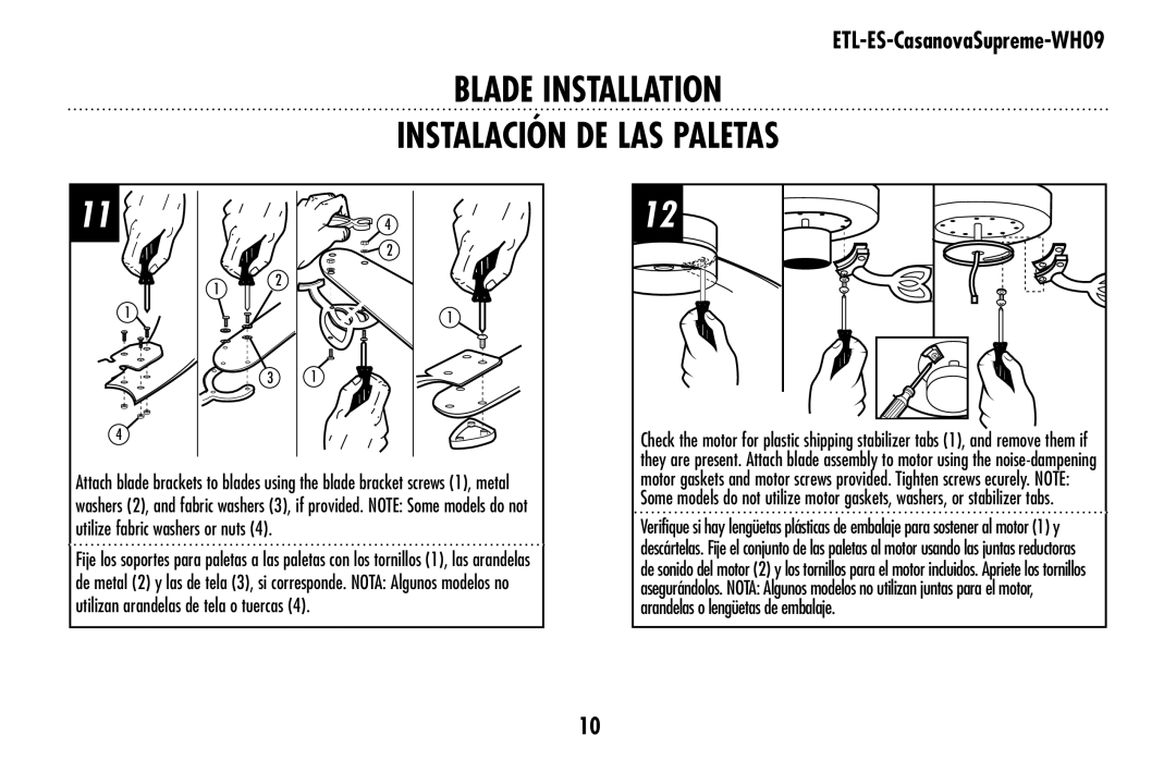 Westinghouse 78126 owner manual Blade Installation Instalación de las paletas 