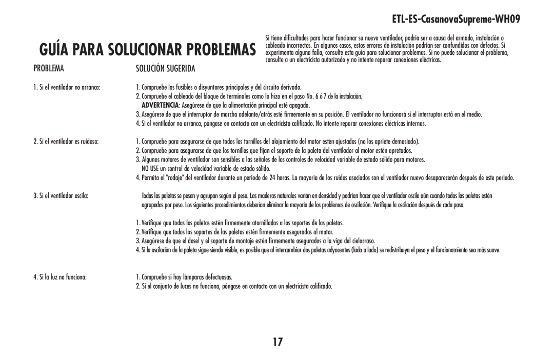 Westinghouse 78126 owner manual Guía para solucionar problemas, Problema 