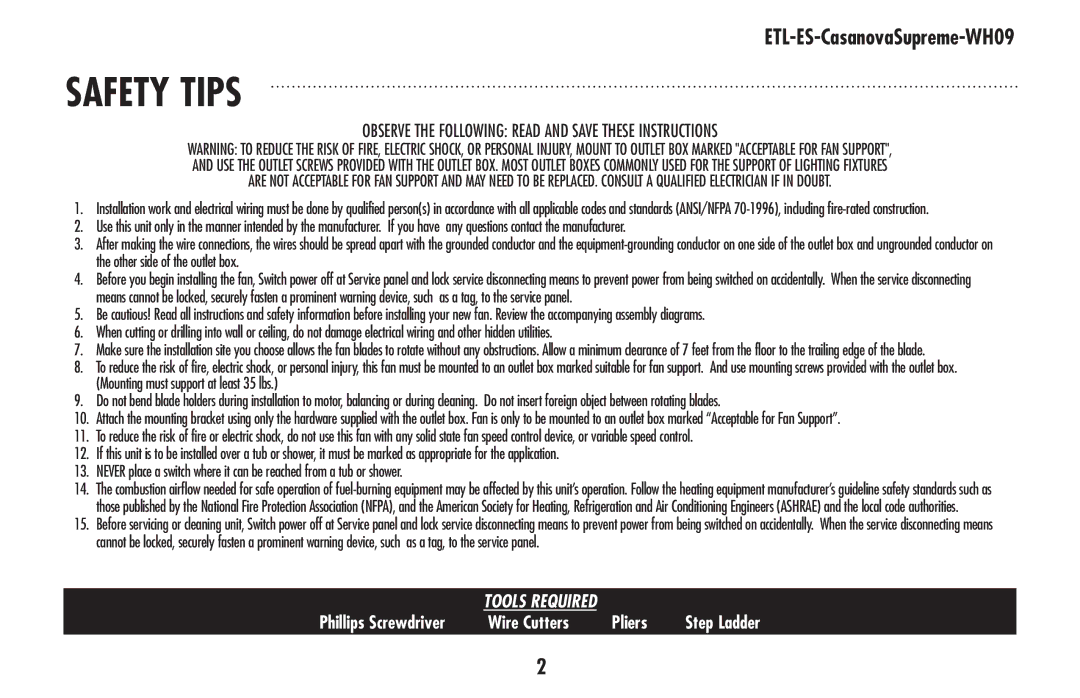 Westinghouse 78126 owner manual Safety tips, Observe the Following Read and Save These Instructions 