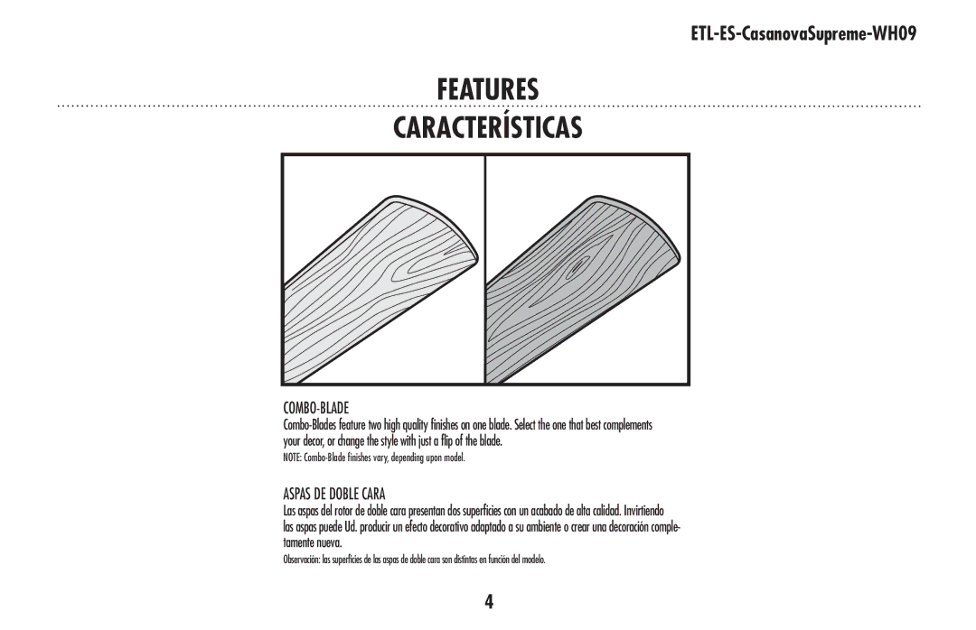 Westinghouse 78126 owner manual Features Características, Combo-Blade, Aspas DE Doble Cara 