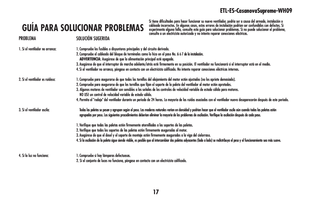 Westinghouse 78126 owner manual Guía para solucionar problemas, ETL-ES-CasanovaSupreme-WH09 