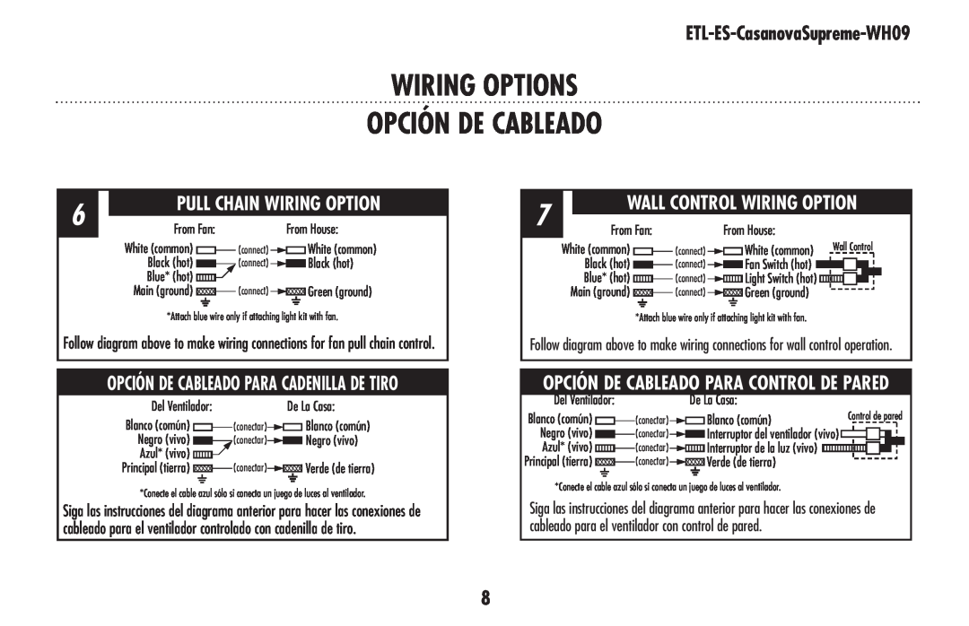 Westinghouse 78126 owner manual wiring OPTIONS OPCIÓN DE CABLEADO, ETL-ES-CasanovaSupreme-WH09, Wall Control Wiring Option 