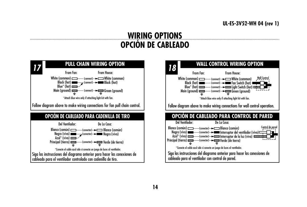 Westinghouse 78179 owner manual Wiring Options Opción DE Cableado, Wall Control Wiring Option 