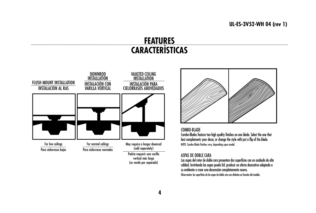 Westinghouse 78179 Features Características, Downrod Installation, Vaulted Ceiling Installation Instalación Para 