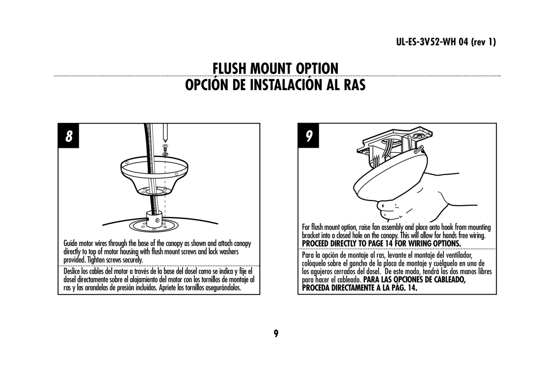 Westinghouse 78179 Flush Mount Option Opción DE Instalación AL RAS, Proceed Directly to page 14 for Wiring Options 