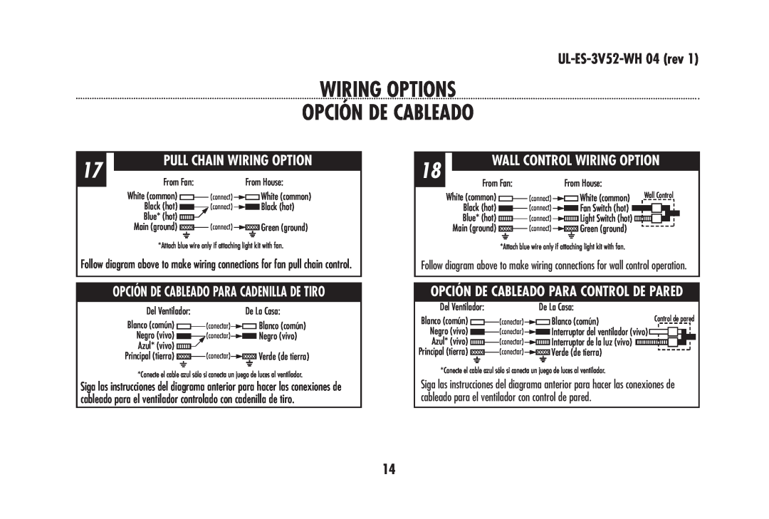 Westinghouse 78179 owner manual Wiring Options Opción De Cableado, Pull Chain Wiring Option, UL-ES-3V52-WH 04 rev 