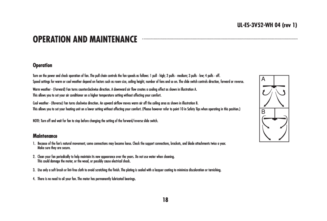 Westinghouse 78179 owner manual Operation And Maintenance, UL-ES-3V52-WH 04 rev 