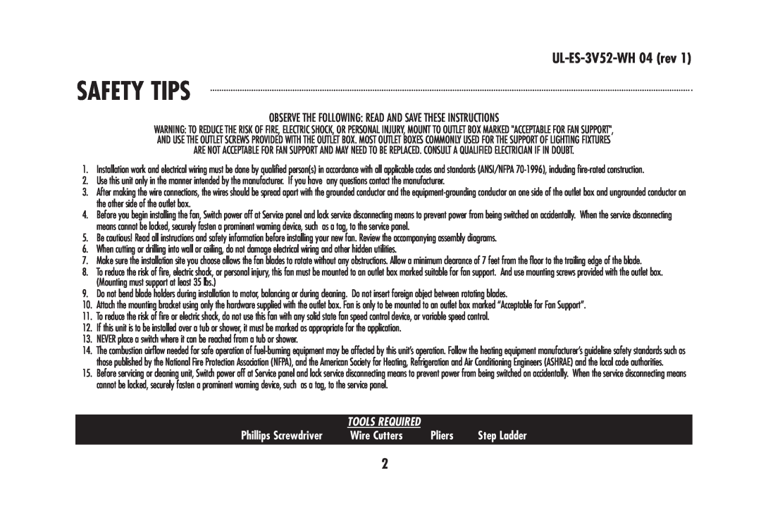 Westinghouse 78179 Safety Tips, UL-ES-3V52-WH 04 rev, Observe The Following Read And Save These Instructions, Wire Cutters 