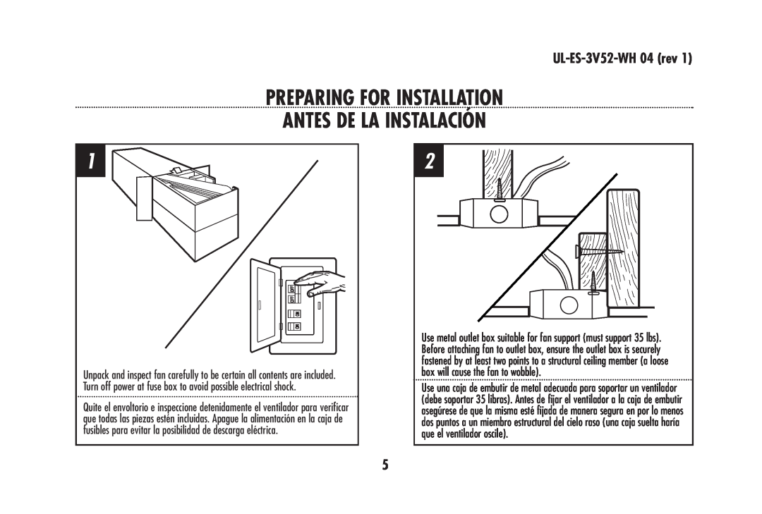 Westinghouse 78179 owner manual Preparing For Installation Antes De La Instalación, UL-ES-3V52-WH 04 rev 