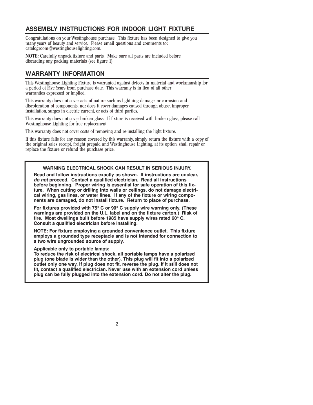 Westinghouse 81005 owner manual Warranty Information, Assembly Instructions for Indoor Light Fixture 