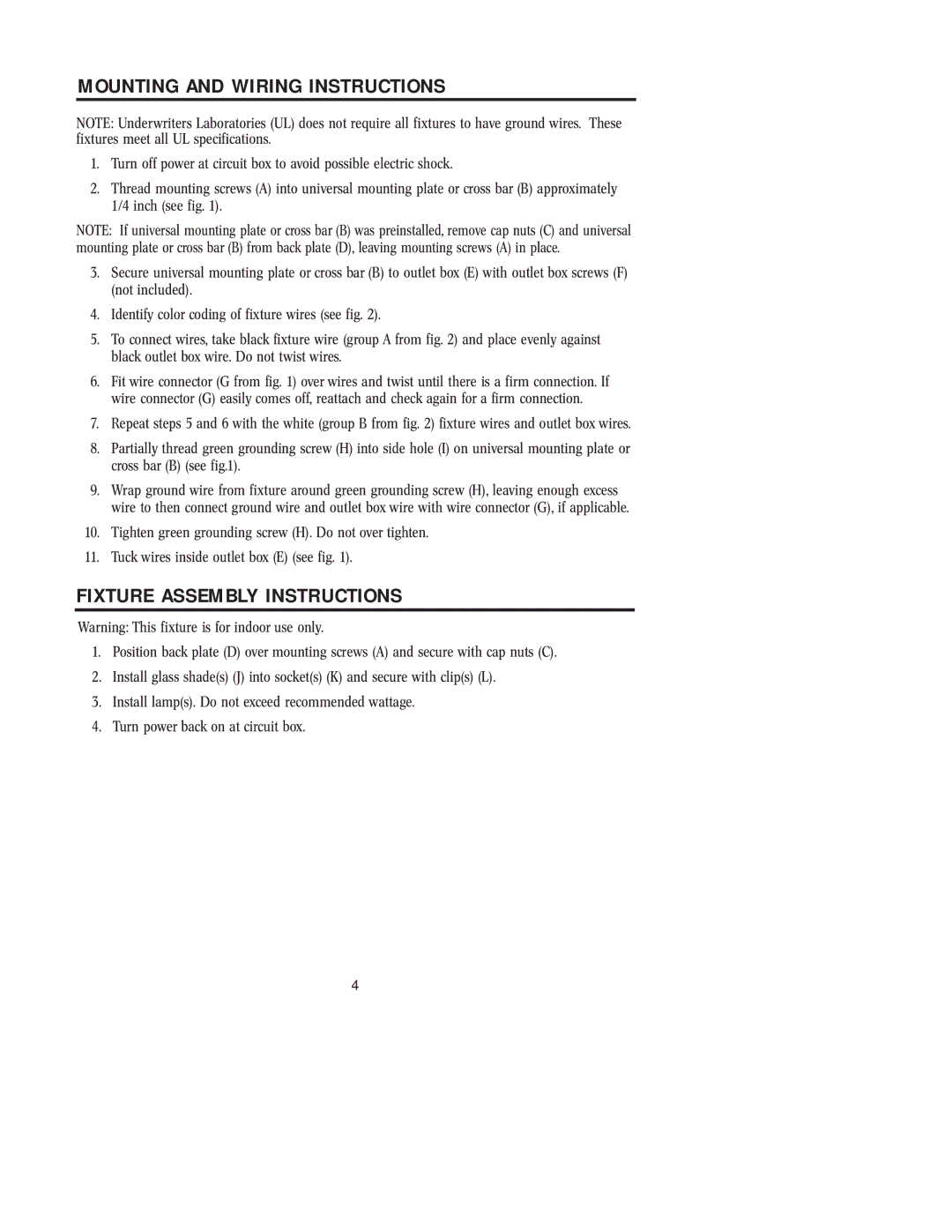 Westinghouse 81005 owner manual Mounting and Wiring Instructions, Fixture Assembly Instructions 