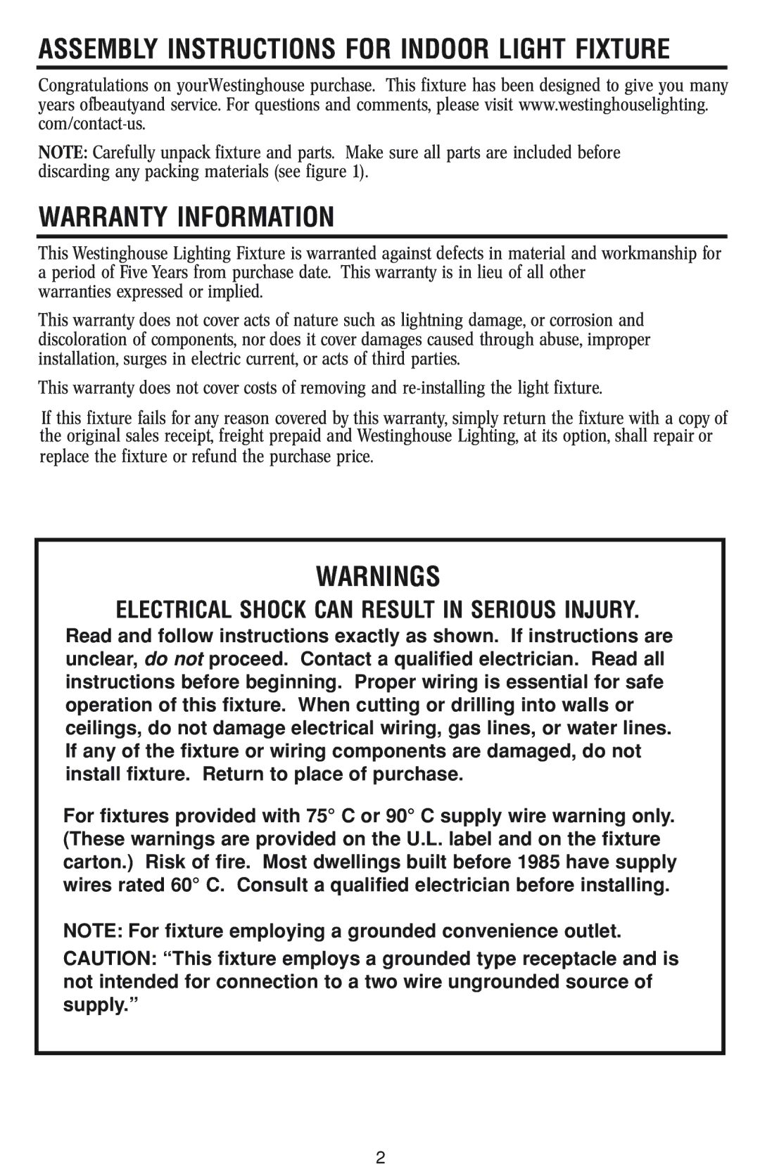 Westinghouse 82011 owner manual Warranty Information, Electrical Shock can Result in Serious Injury 