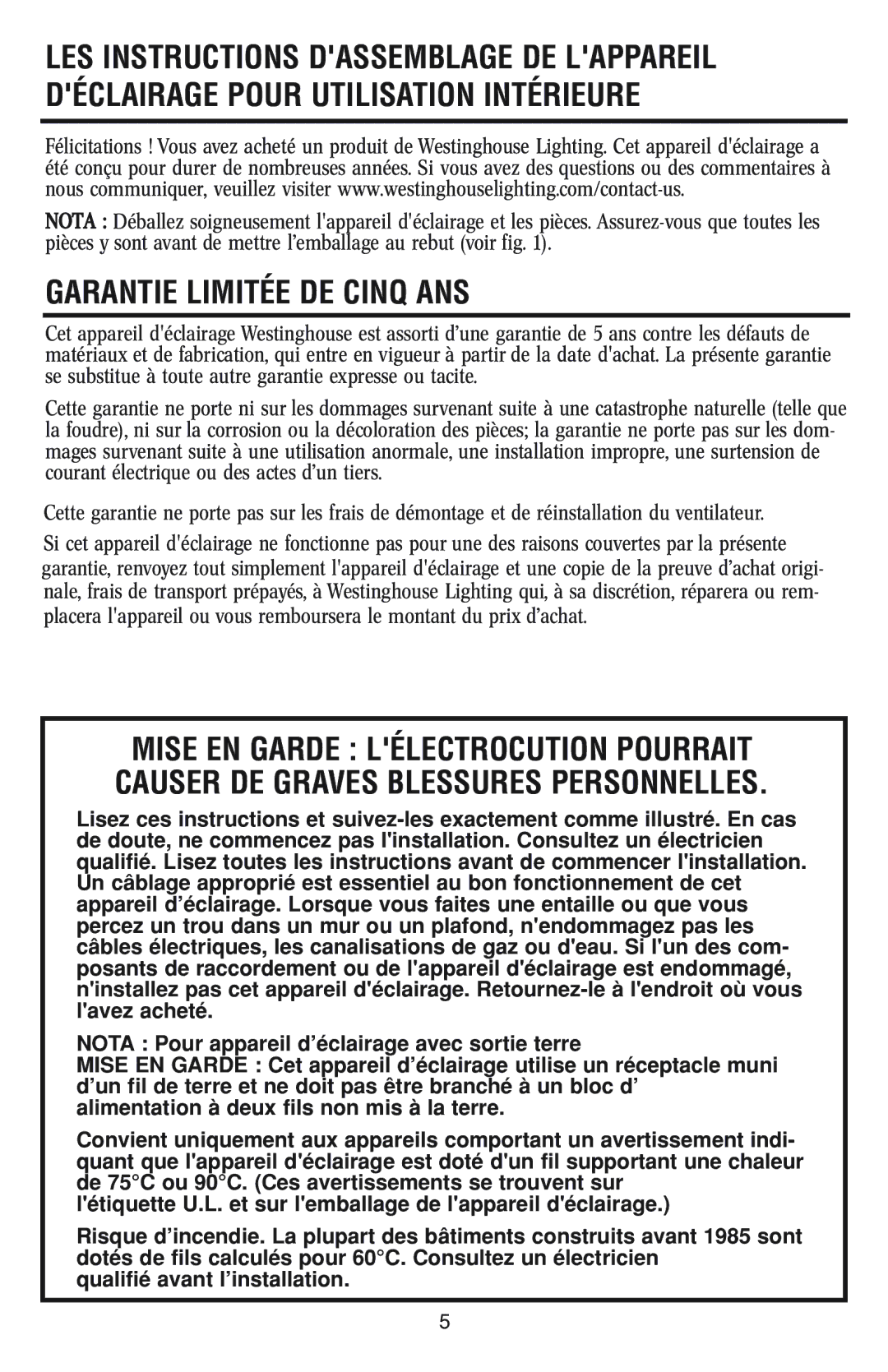 Westinghouse 82011 owner manual Garantie Limitée DE Cinq ANS 