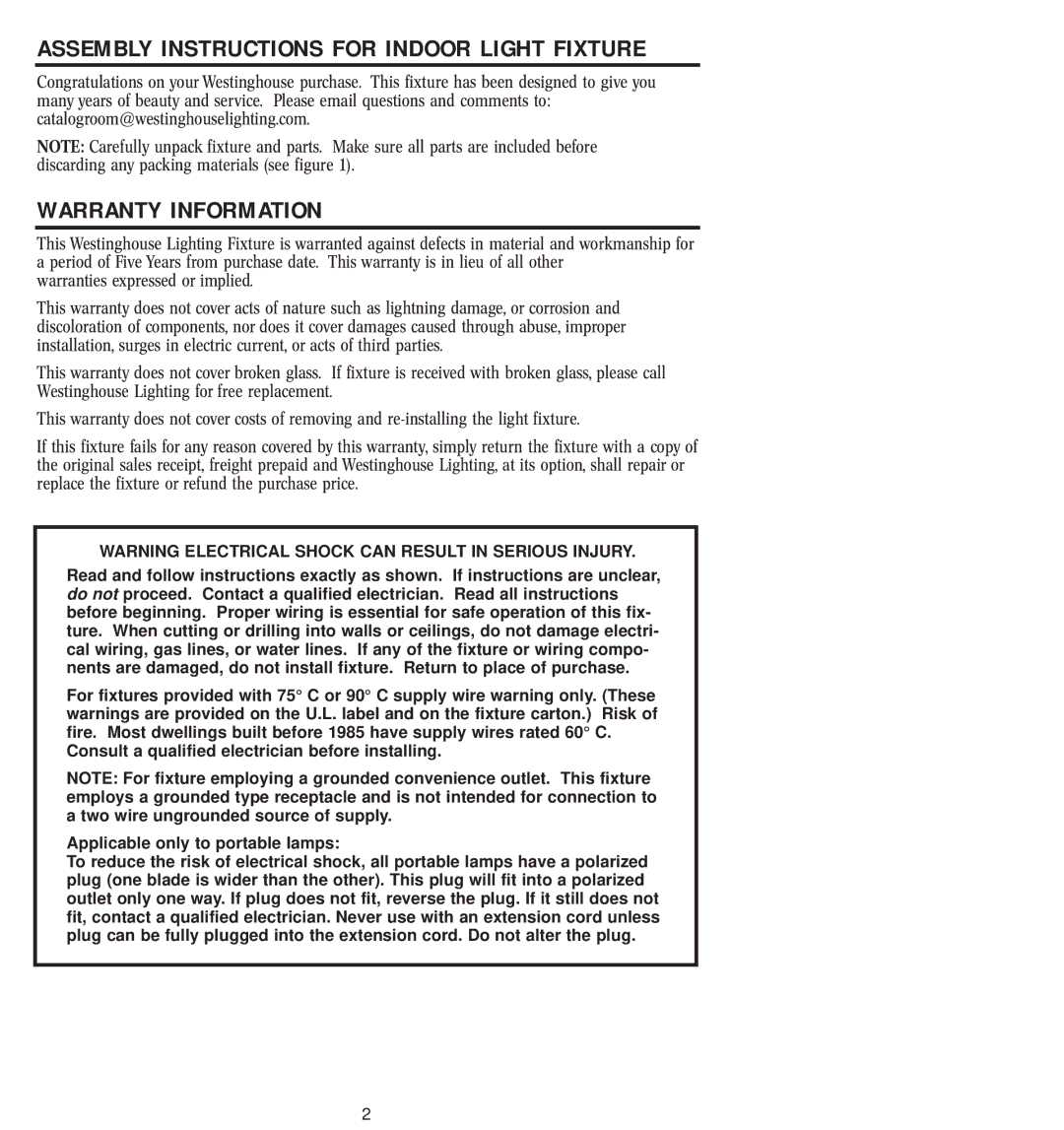 Westinghouse 82504 owner manual Warranty Information, Assembly Instructions for Indoor Light Fixture 