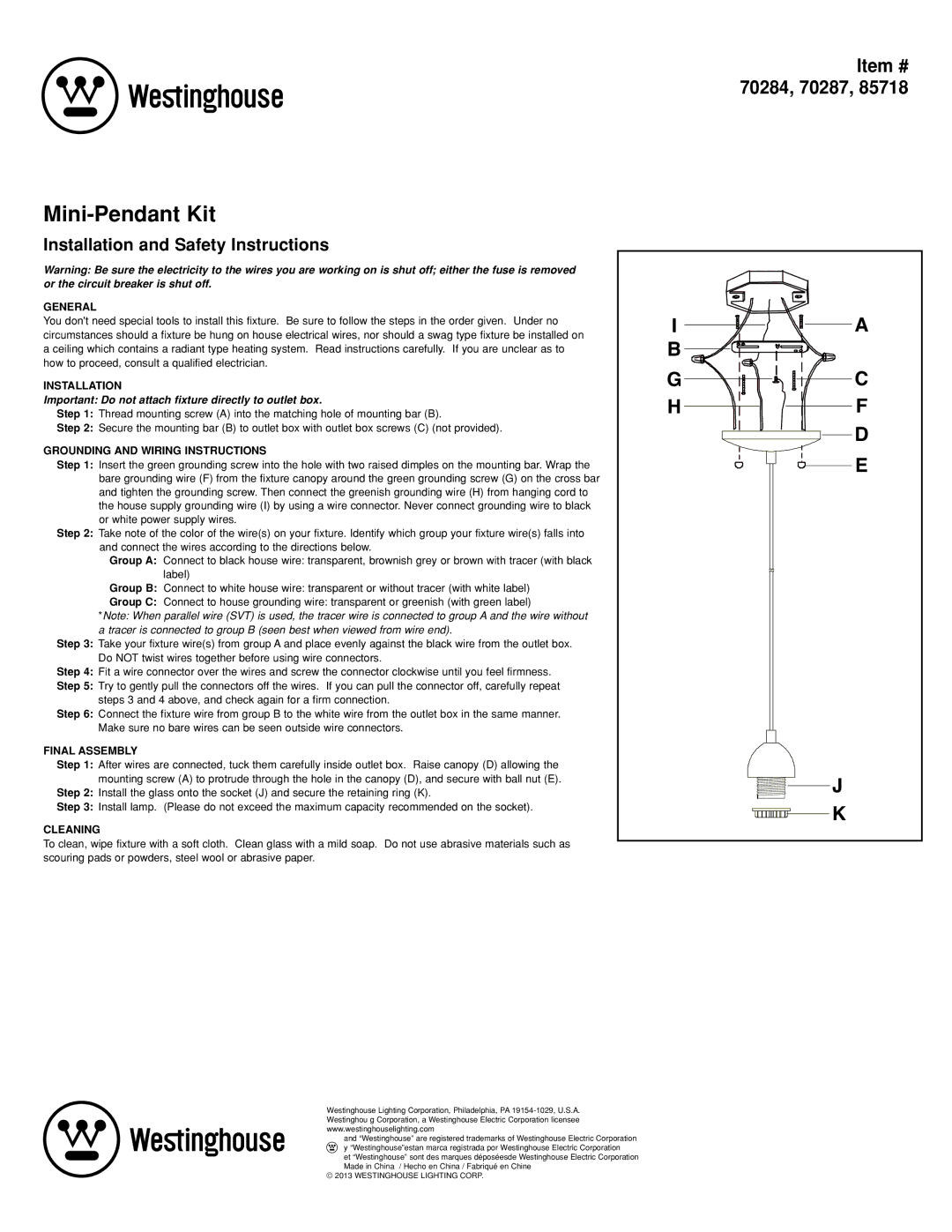 Westinghouse 85718 manual Mini-Pendant Kit, Installation and Safety Instructions, Item # 70284, 70287 