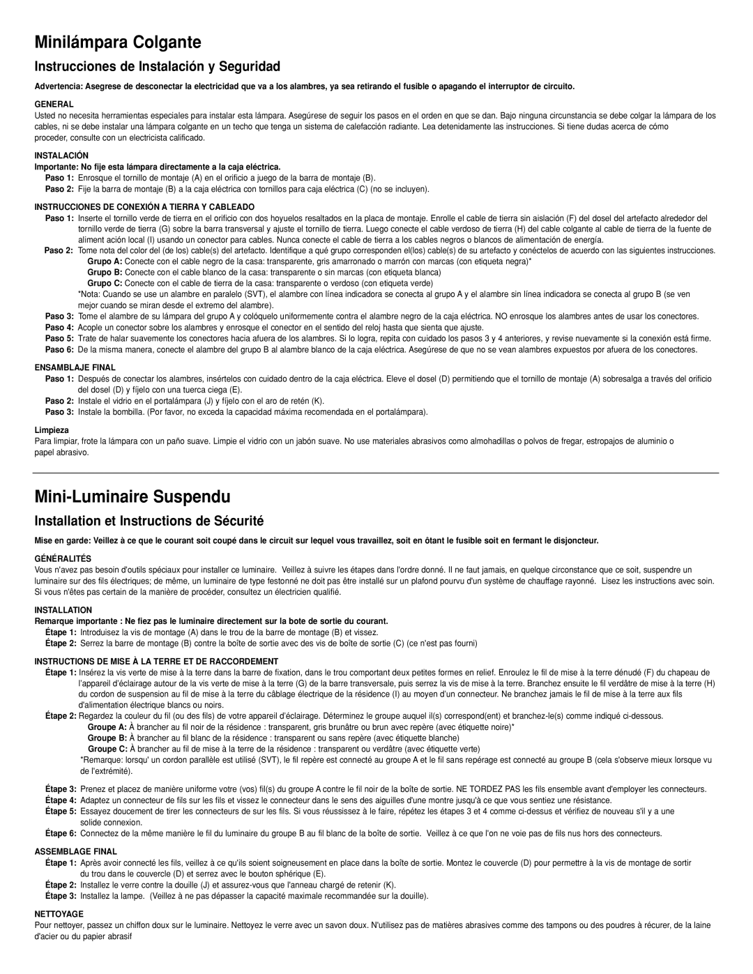 Westinghouse 85718, 70287 manual Minilámpara Colgante, Mini-Luminaire Suspendu, Instrucciones de Instalación y Seguridad 