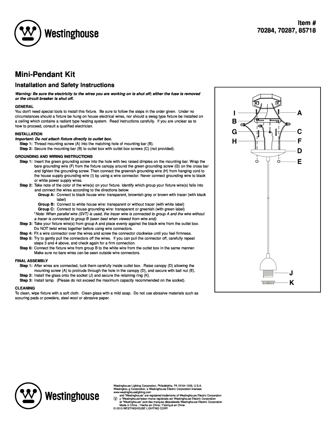 Westinghouse 70287, 85718 manual Mini-Pendant Kit, Installation and Safety Instructions, Item #, I A B 