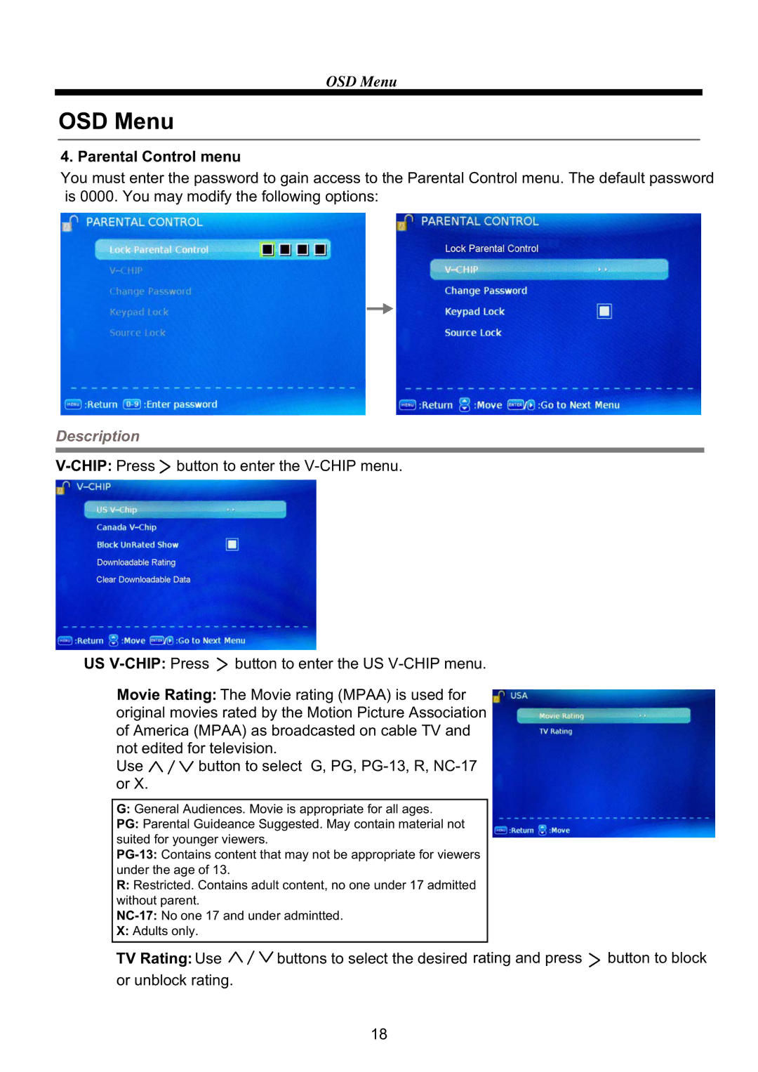 Westinghouse CW39T8RW user manual Parental Control menu 