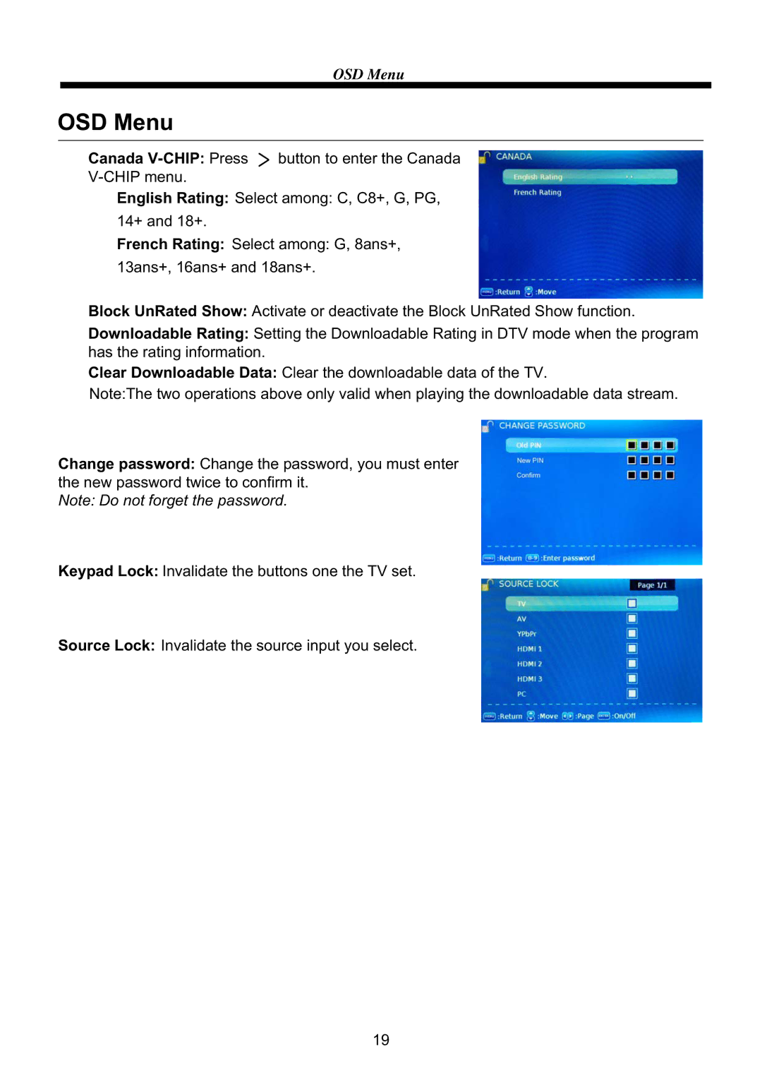 Westinghouse CW39T8RW user manual OSD Menu 