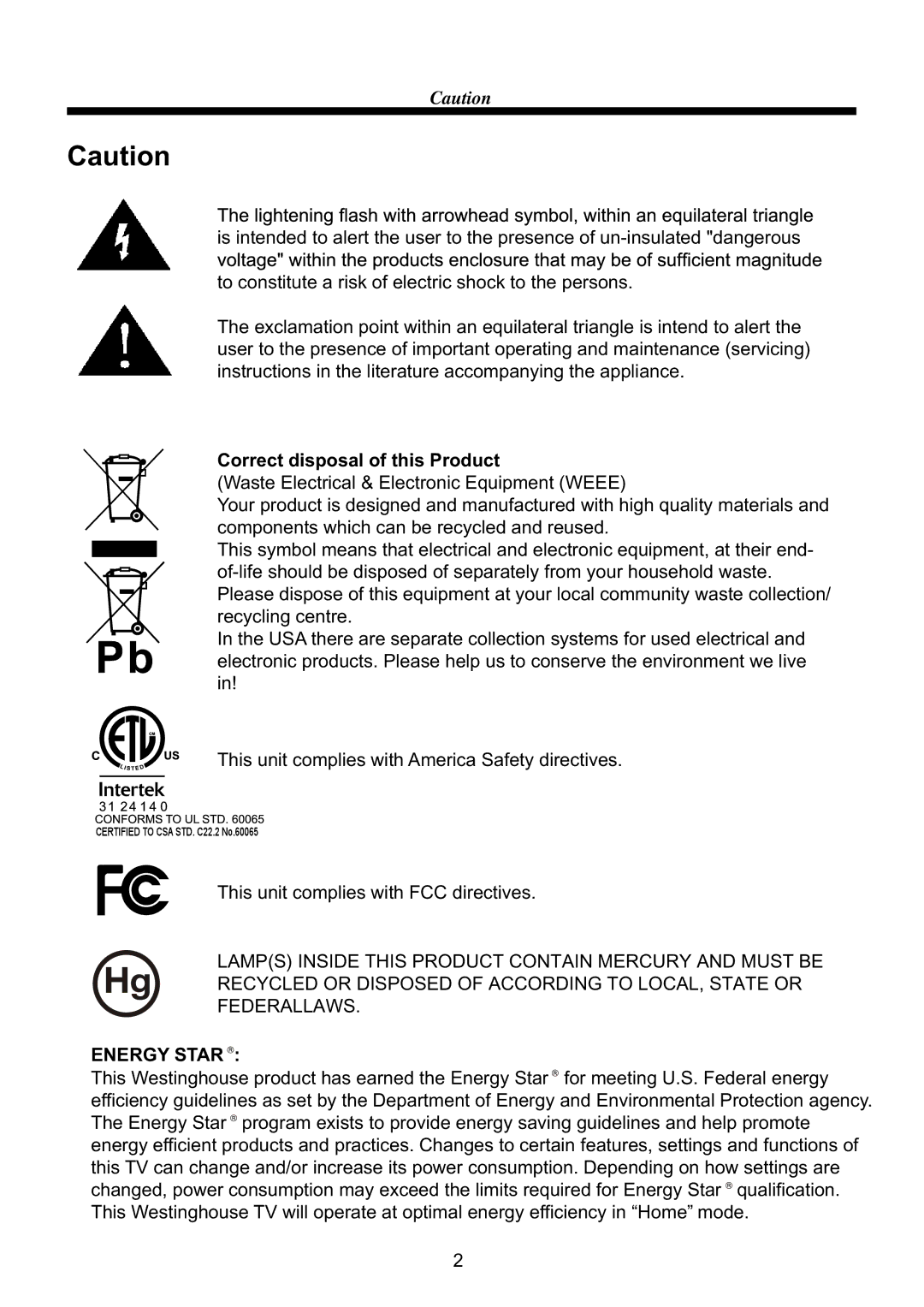 Westinghouse CW39T8RW user manual Correct disposal of this Product, Energy Star 