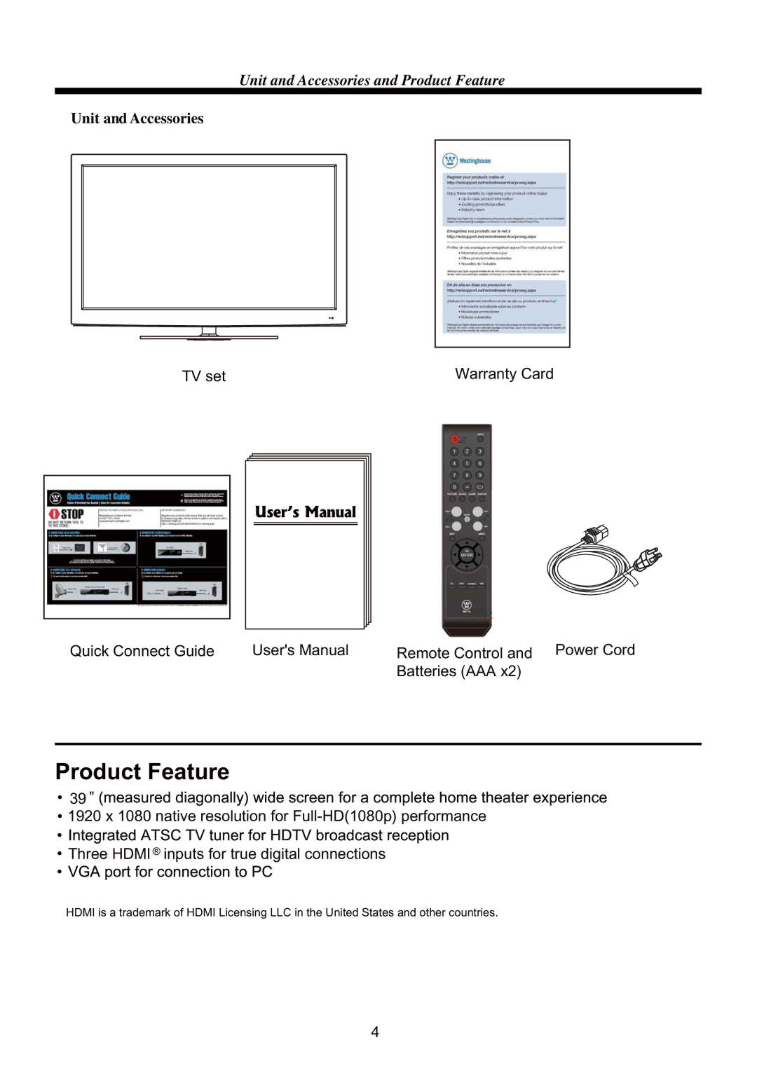 Westinghouse CW39T8RW user manual Product Feature 