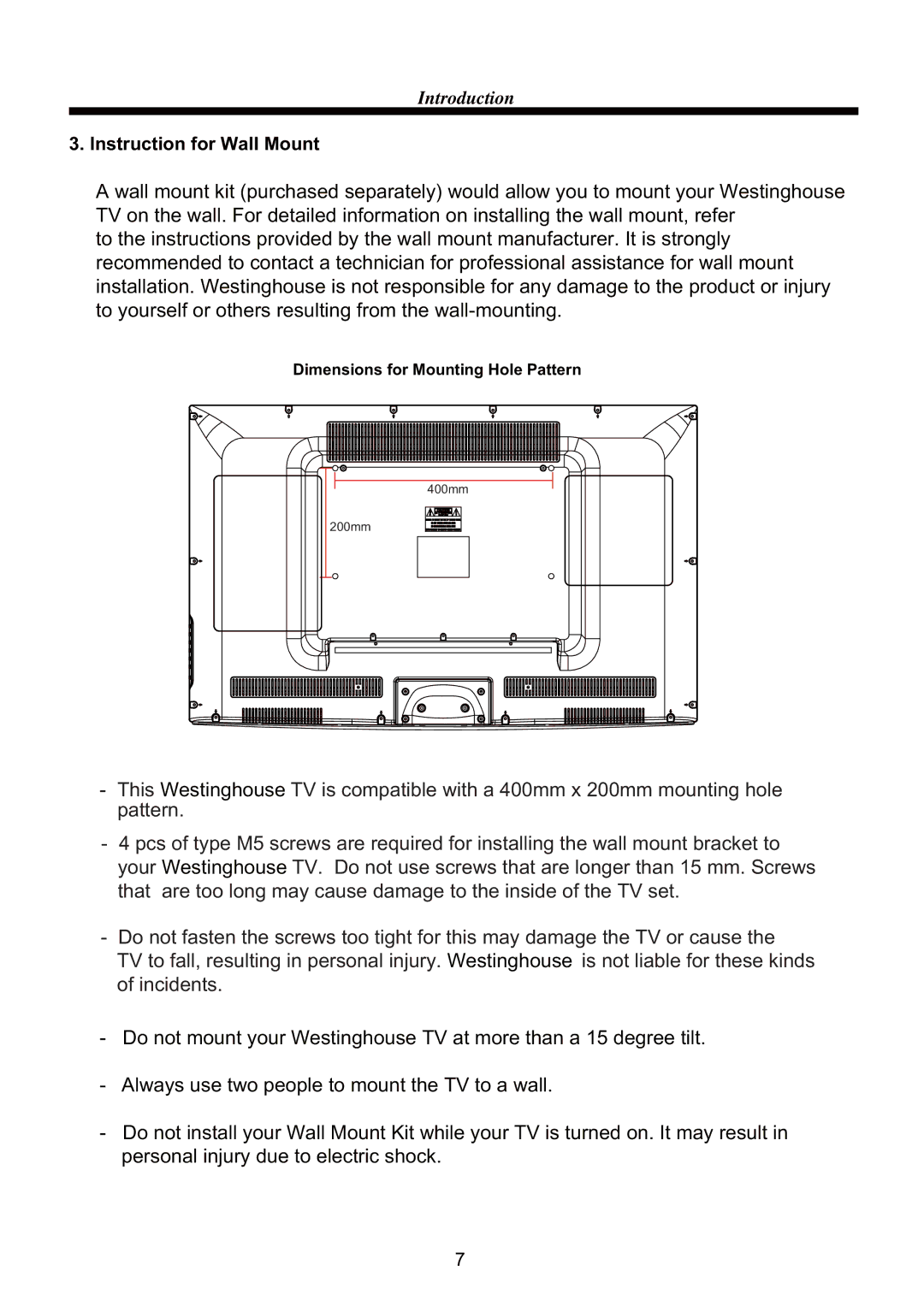 Westinghouse CW39T8RW user manual Instruction for Wall Mount 