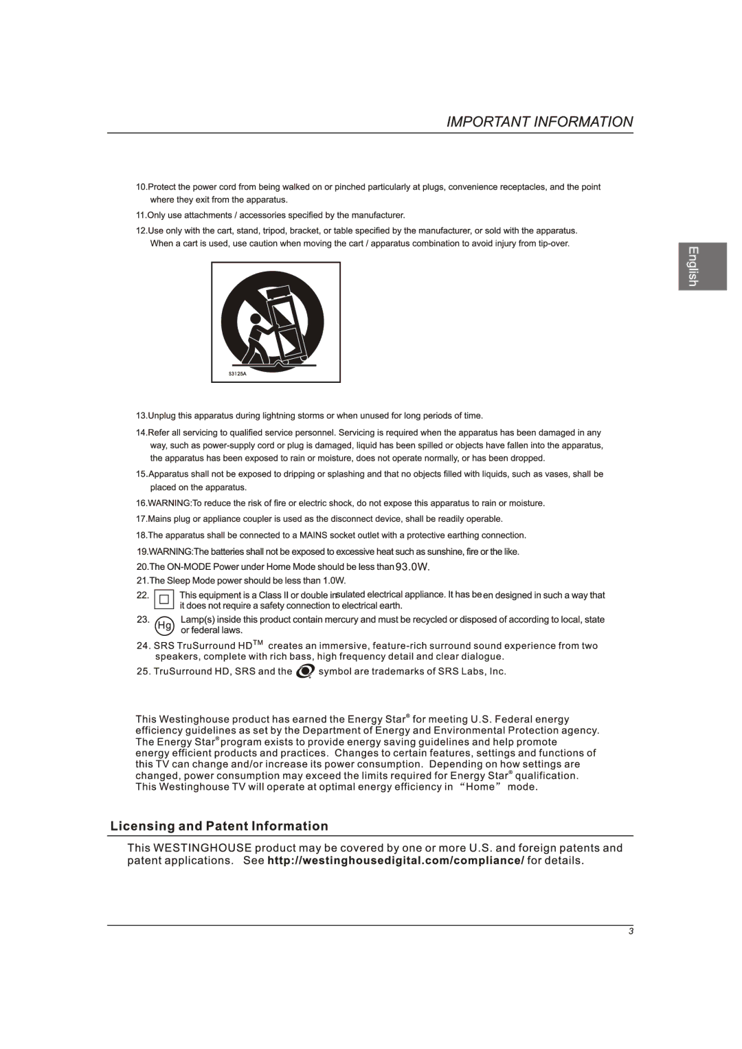 Westinghouse CW46T9FW manual 