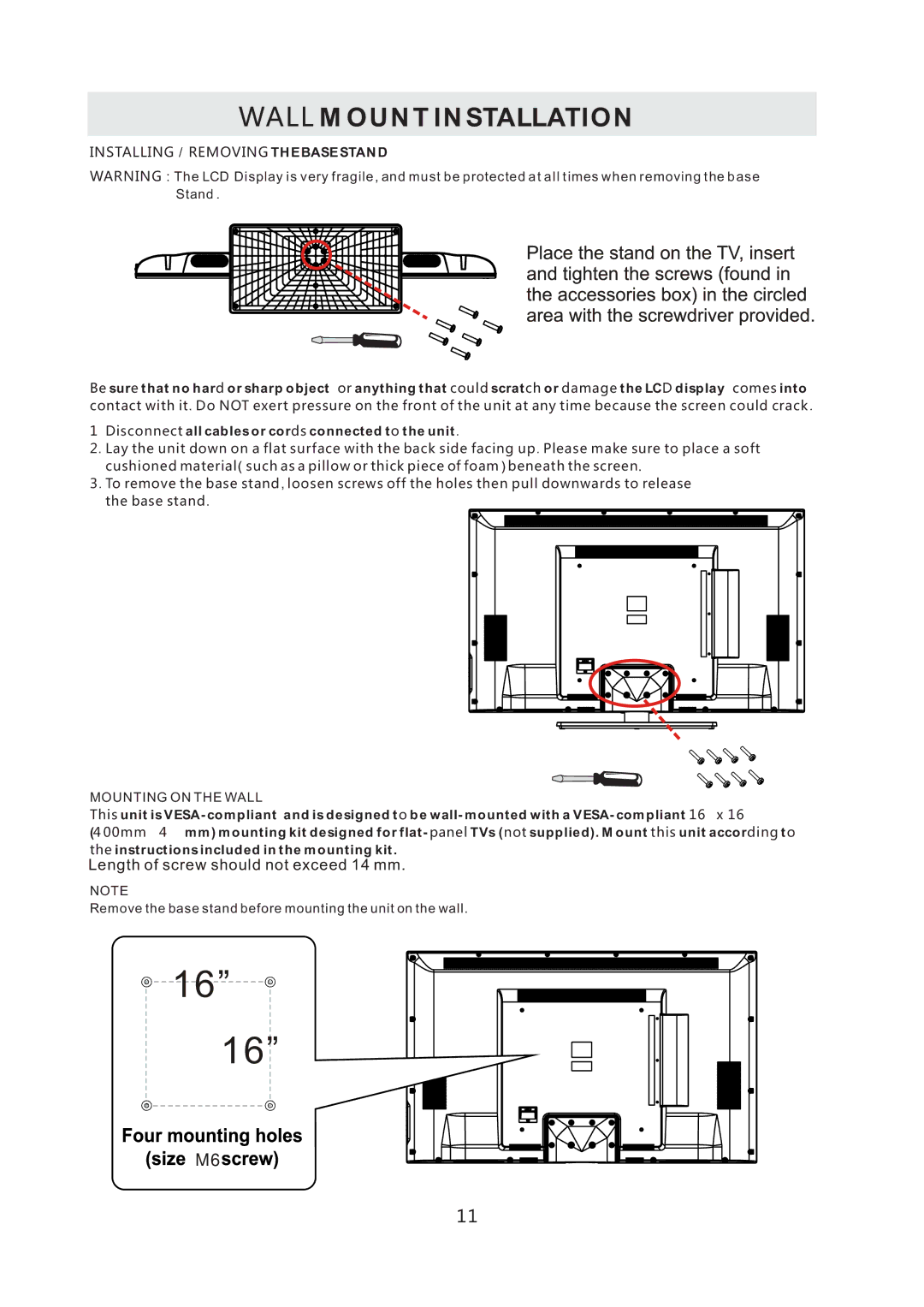 Westinghouse CW50T9XW user manual Wall Mount Installation, Installing / Removing the Base Stand 