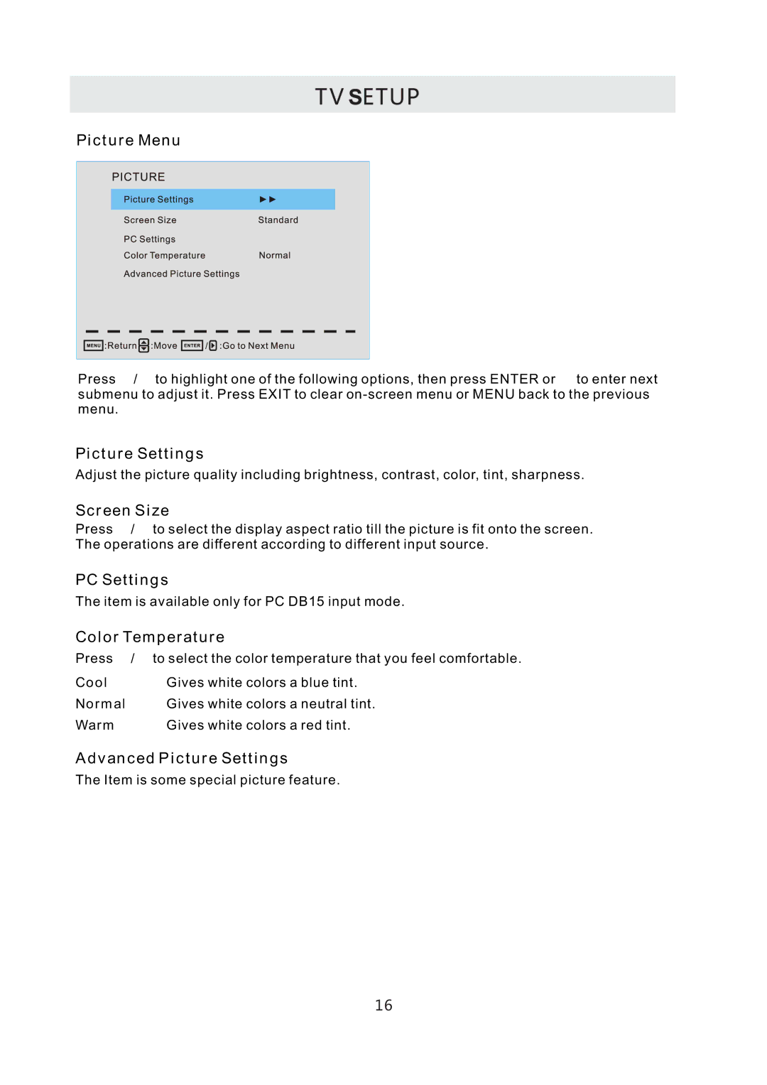 Westinghouse CW50T9XW user manual Screen Size, PC Settings, Color Temperature, Advanced Picture Settings 