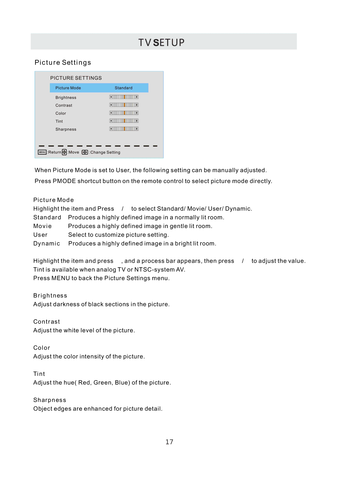 Westinghouse CW50T9XW user manual Picture Mode, Brightness, Contrast, Color, Tint, Sharpness 