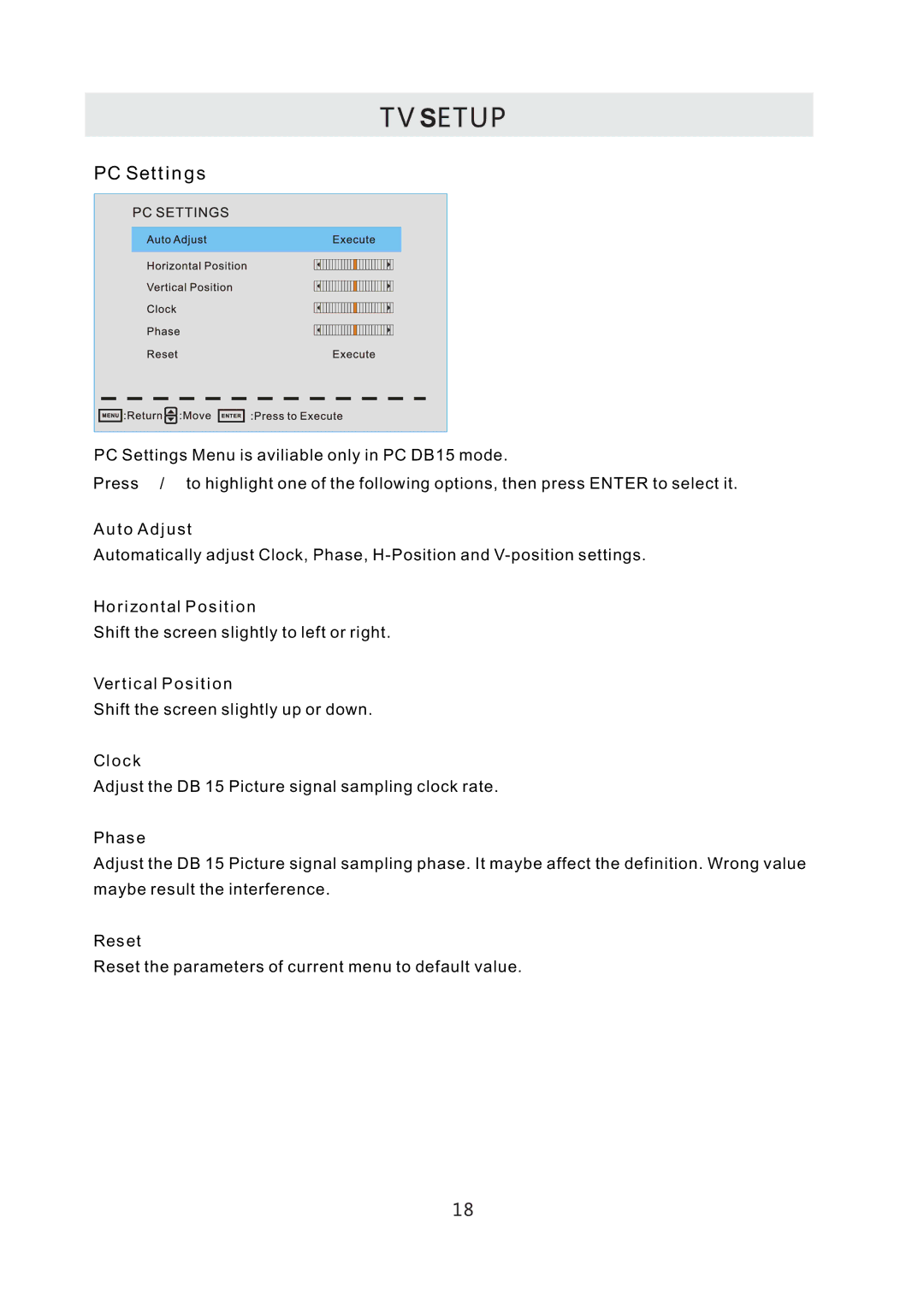 Westinghouse CW50T9XW user manual Auto Adjust, Horizontal Position, Vertical Position, Clock, Phase, Reset 