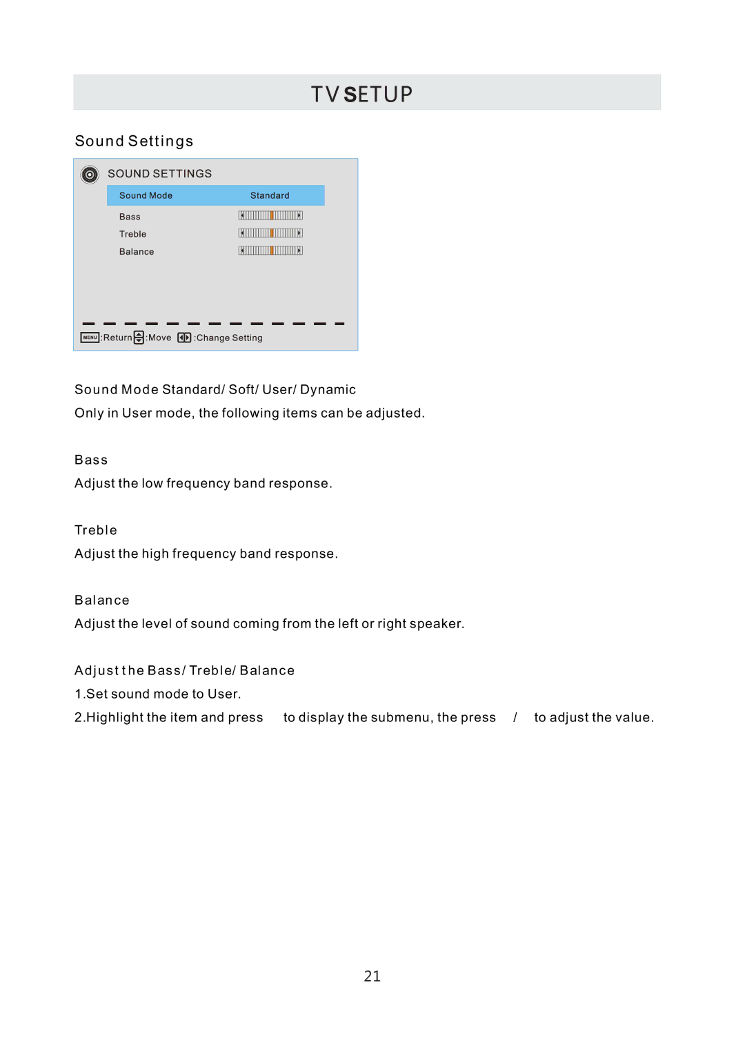 Westinghouse CW50T9XW user manual Sound Settings, Adjust the Bass/ Treble/ Balance 