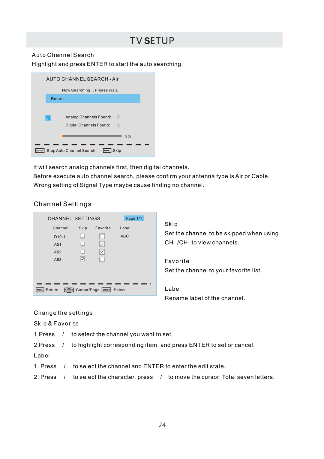 Westinghouse CW50T9XW user manual Channel Settings 