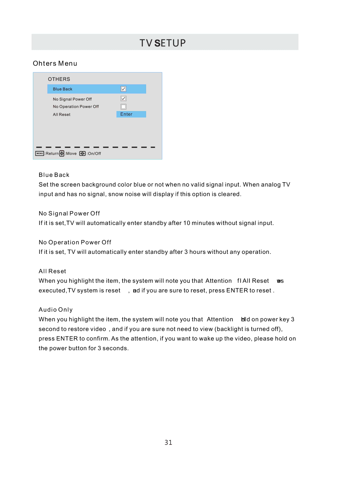 Westinghouse CW50T9XW user manual Ohters Menu 