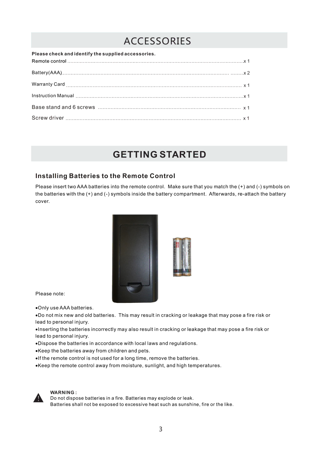 Westinghouse CW50T9XW user manual Accessories, Getting Started 