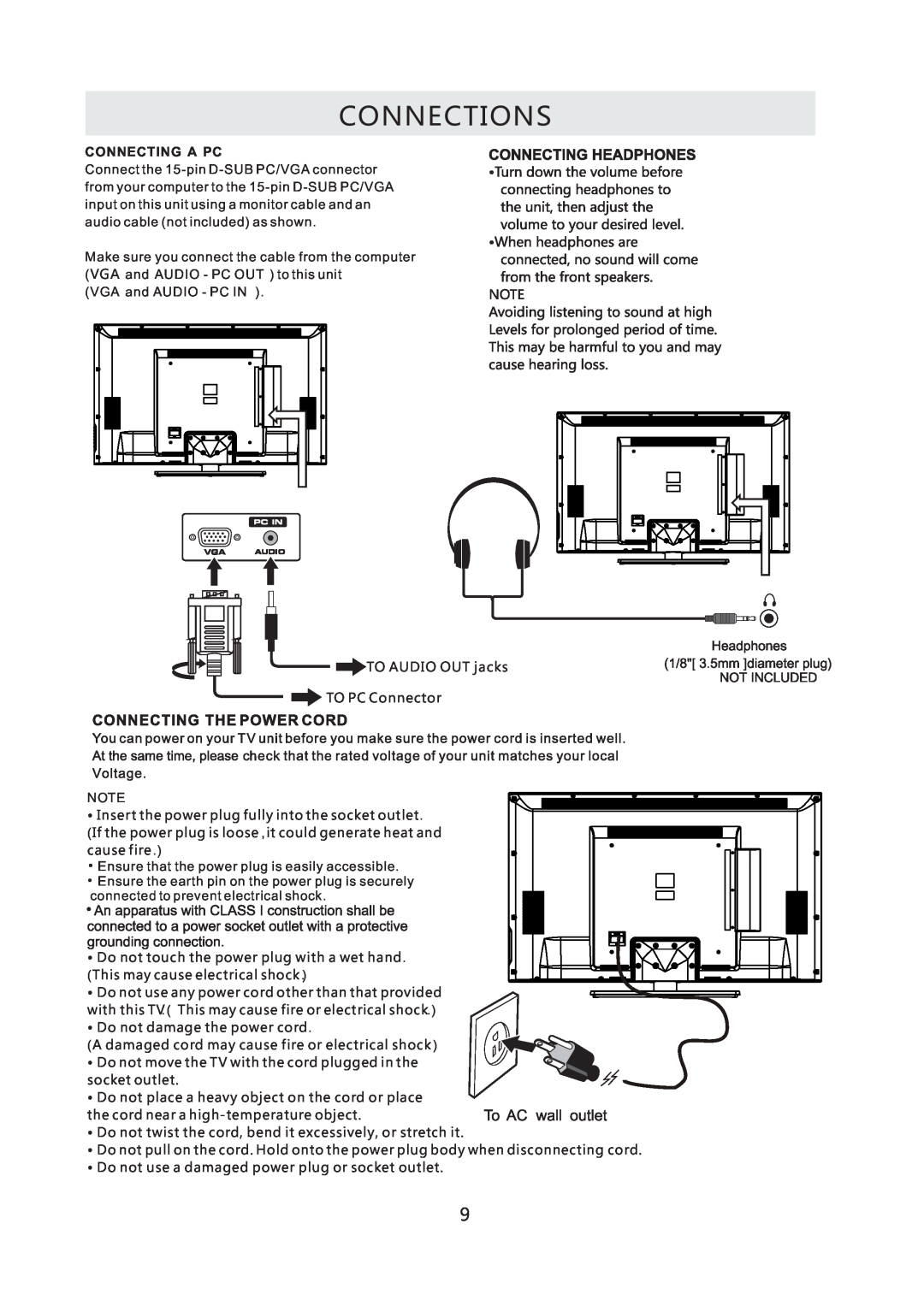 Westinghouse CW50T9XW user manual Connections, Connecting A Pc 