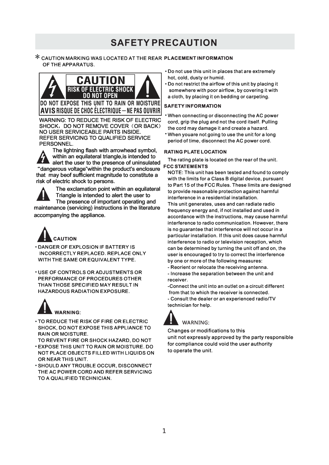 Westinghouse CW50T9XW user manual Safety Precaution 