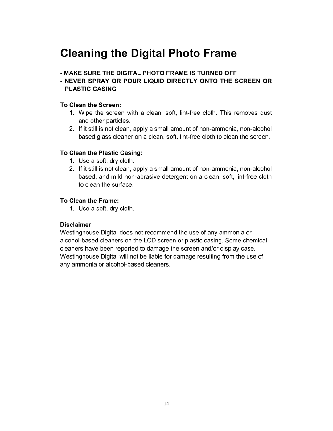 Westinghouse DPF-0701 user manual Cleaning the Digital Photo Frame 