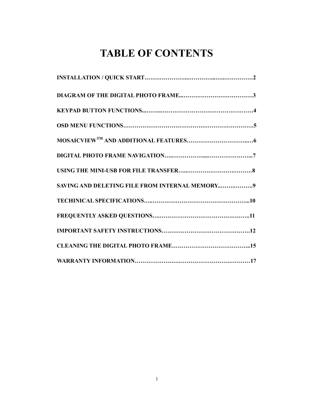 Westinghouse DPF-0701 user manual Table of Contents 