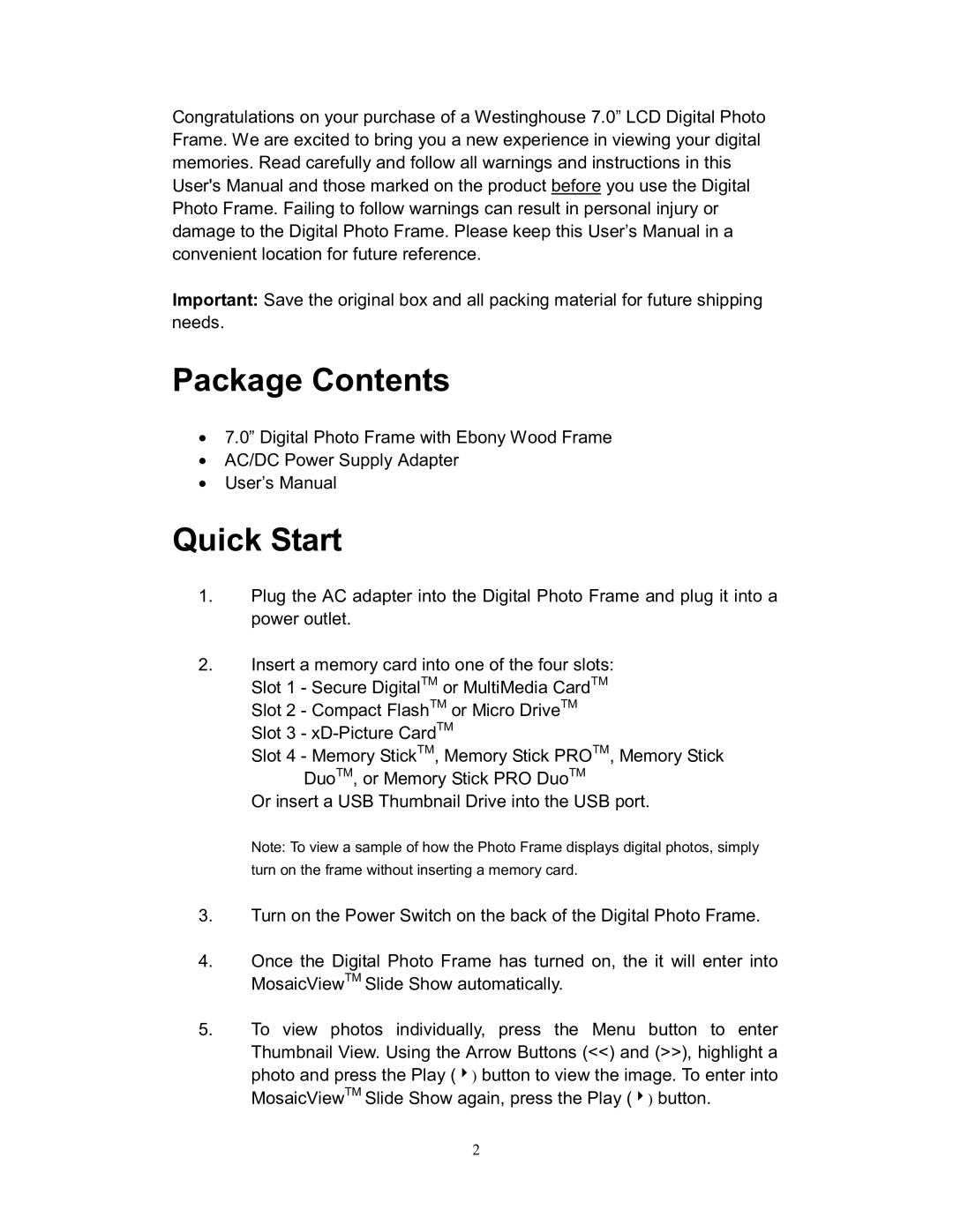 Westinghouse DPF-0701 user manual Package Contents, Quick Start 