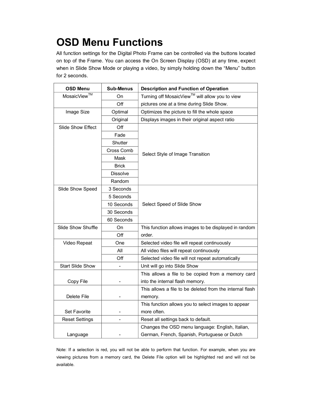 Westinghouse DPF-0701 user manual OSD Menu Functions 