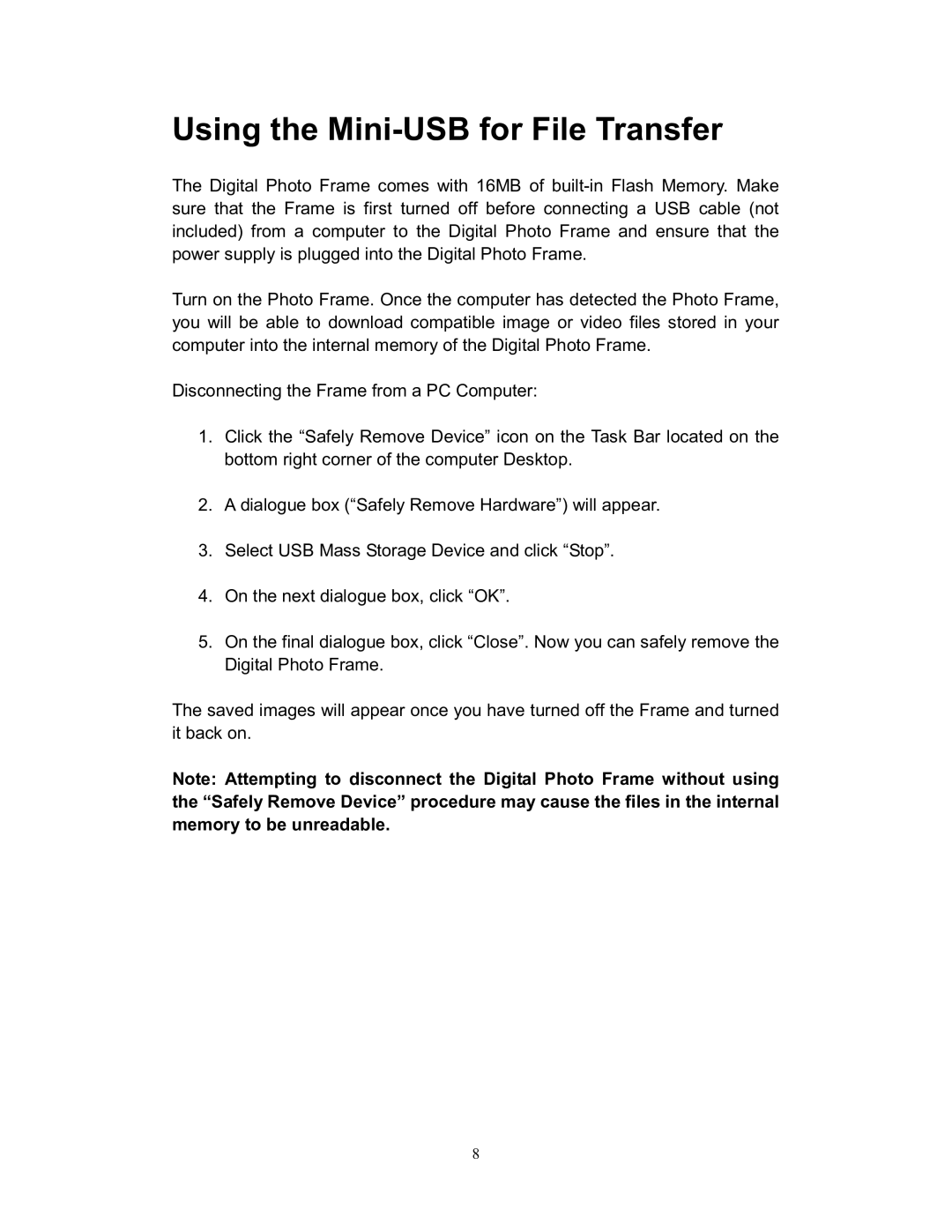 Westinghouse DPF-0701 user manual Using the Mini-USB for File Transfer 