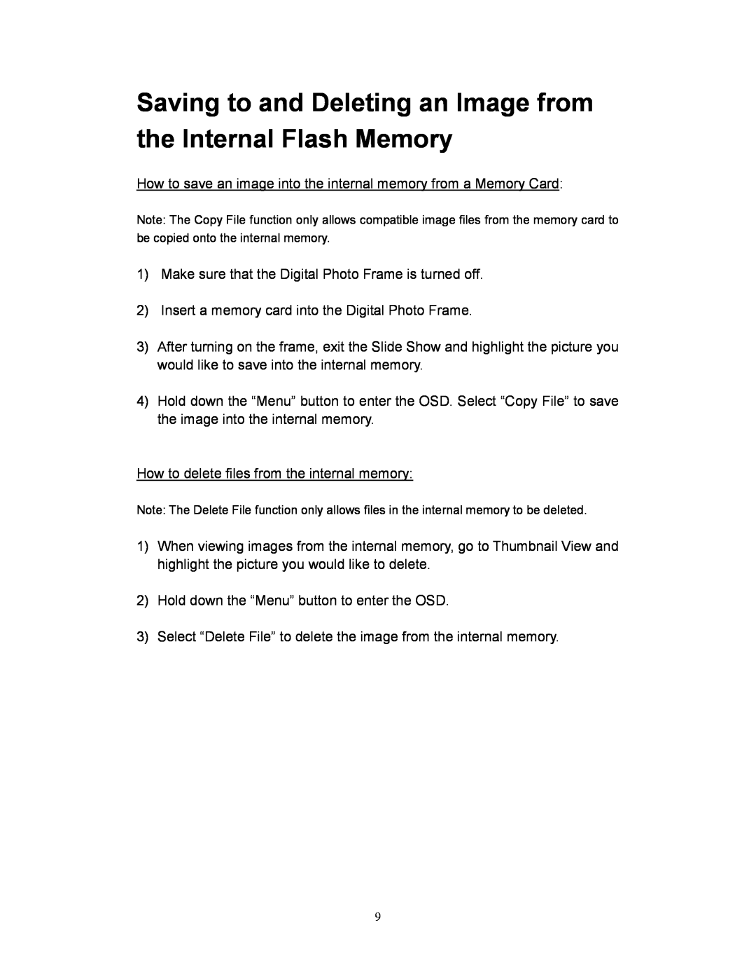 Westinghouse DPF-0701 user manual Saving to and Deleting an Image from the Internal Flash Memory 